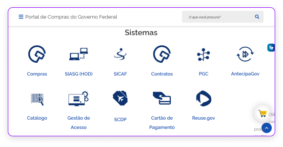 Imagem do site do Portal de Compras mostrando as opções de sistemas disponíveis ao usuário.