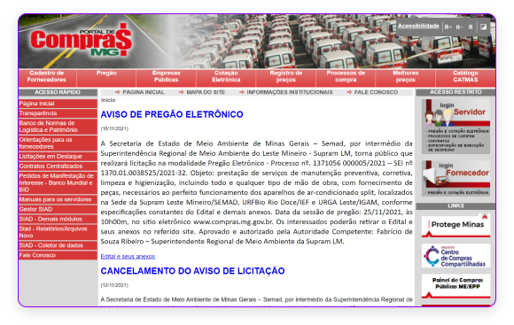 Imagem do Portal de Compras Públicas do estado de Minas Gerais.