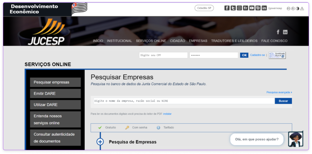 Imagem da área de pesquisa de empresas do site da Junta Comercial do Estado de São Paulo