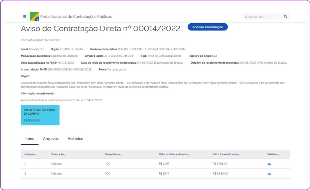 Imagem da área de análise do edital do Portal Nacional das Contratações Públicas.