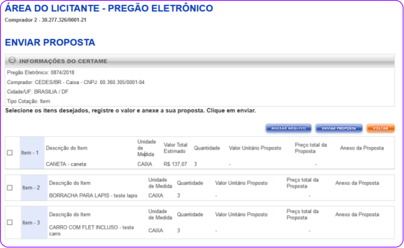 Imagem do portal Licitações Caixa na área de envio da proposta para o edital escolhido.