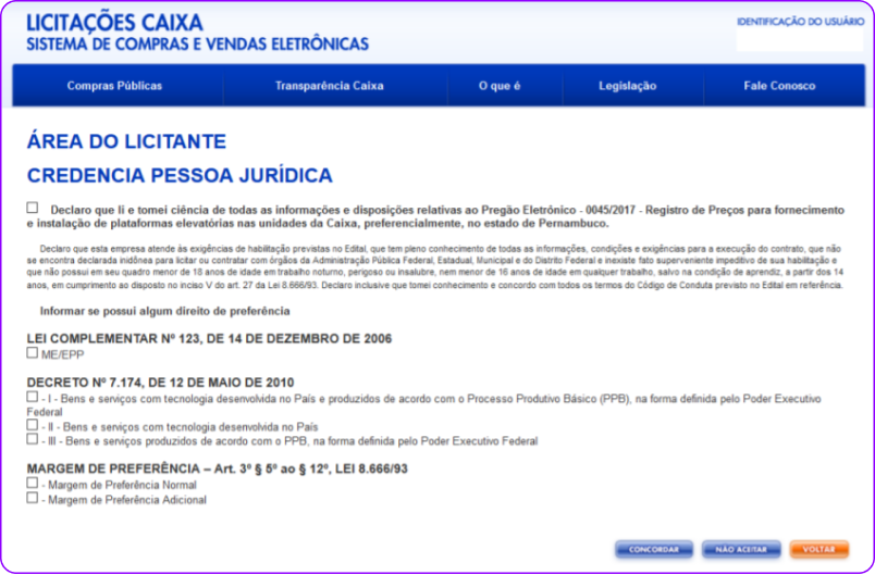 Imagem do portal Licitações Caixa na área do cadastramento digital do licitante.