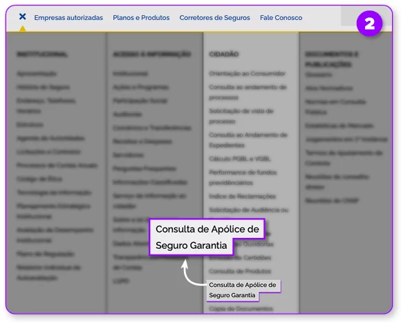 Imagem do site da SUSEP com foco nas opções apresentadas no menu e destaque em "Consultas de Apólice de Seguro Garantia"