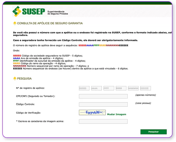 Imagem do site da SUSEP na área de Consulta de Apólice de Seguro Garantia